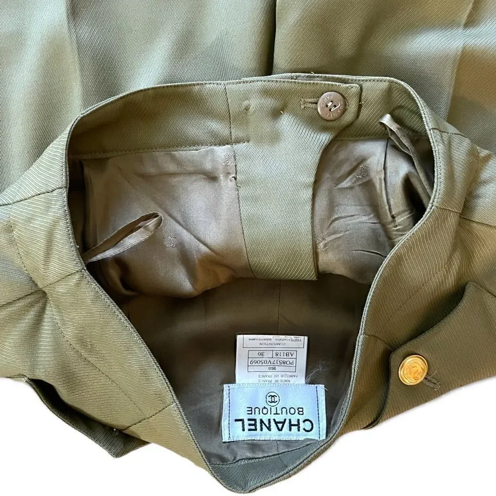 VINTAGE CHANEL Military Green Stunning High-Waisted Wool & Silk Tailored Pants - Picture 5 of 14